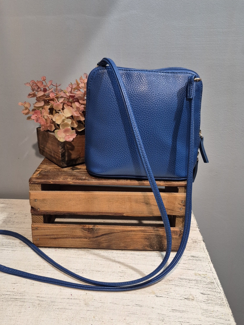 Electric Blue Pebbled Leather Crossbody Bag - Excellent Condition